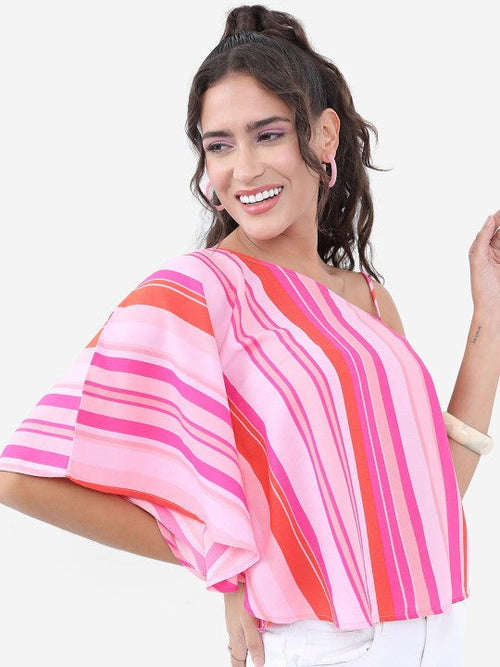 Pink Candy Striped One Shoulder Top