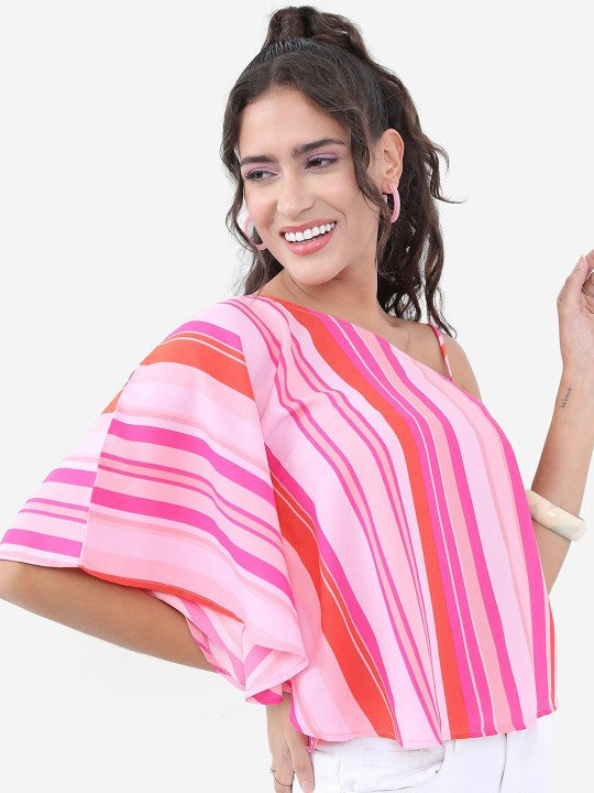 Pink Candy Striped One Shoulder Top