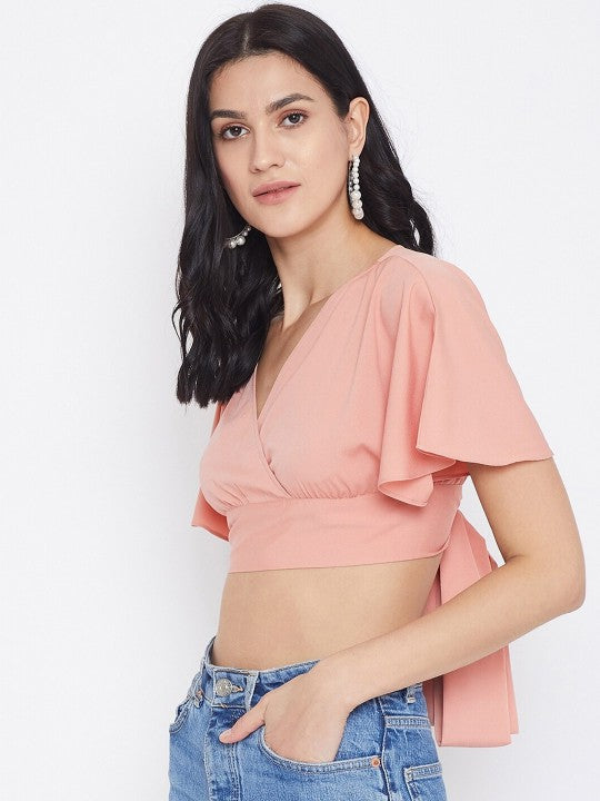 Women Pink Solid Wrap Top