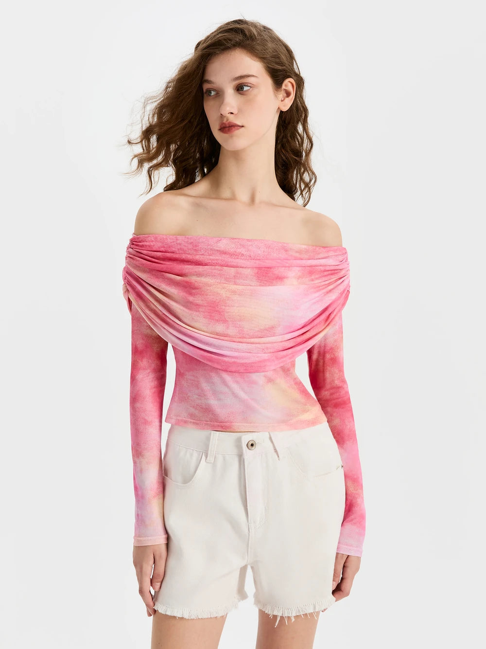 Off-Shoulder Printed Mesh Top