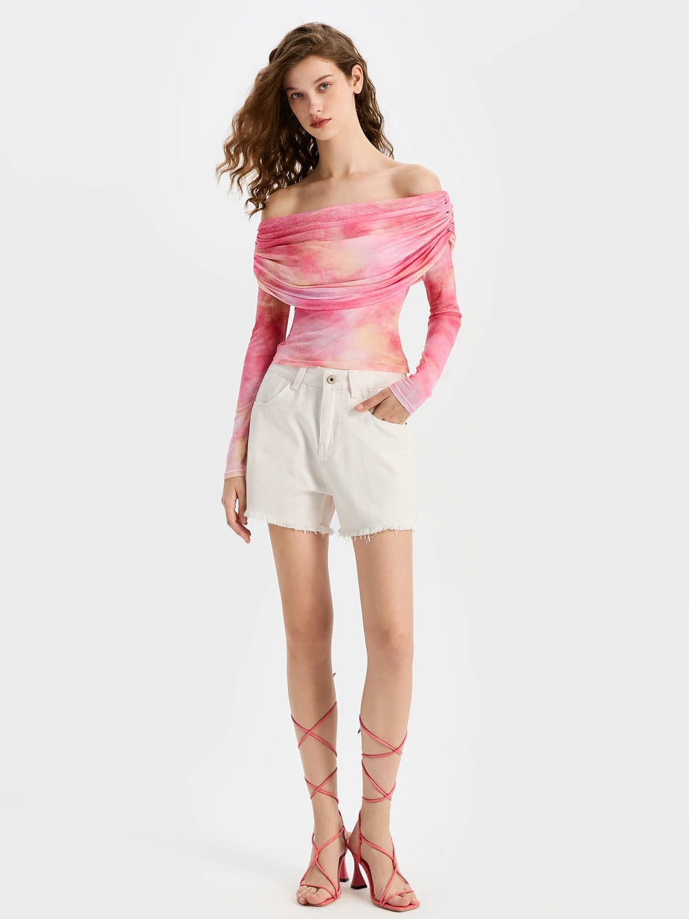 Off-Shoulder Printed Mesh Top